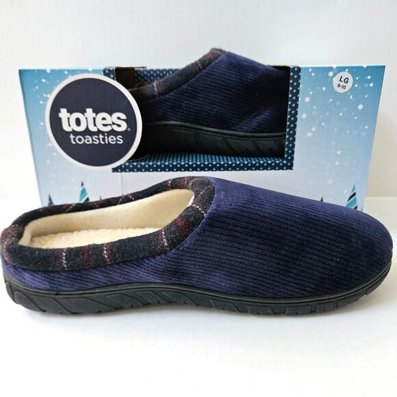 Totes Toasties Slippers Mens Large 9 10 Navy Corduroy Memory Foam Slip Ons NEW - Picture 2 of 4